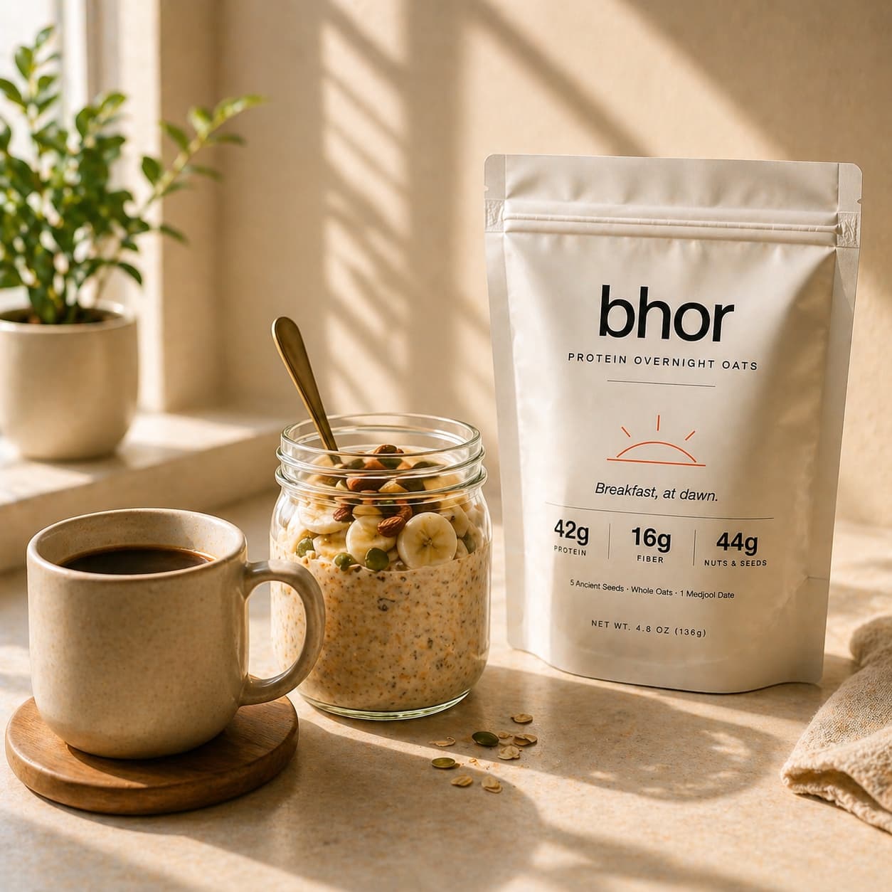 Morning kitchen scene with bhor pouch, prepared jar, and coffee